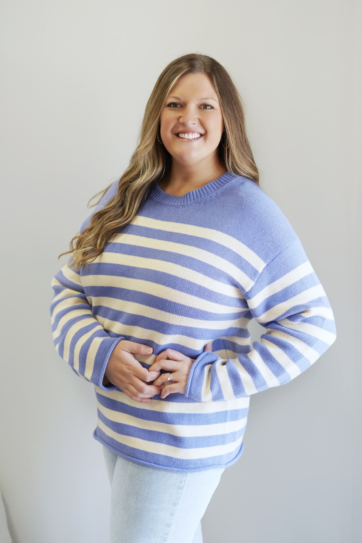 Lemmy Lush Striped Knit Sweater Round Neckline Long Bell Sleeves Irish Blue and Cream Colored Stripes Full Length Relaxed Fit 60% Cotton, 40% Acrylic
