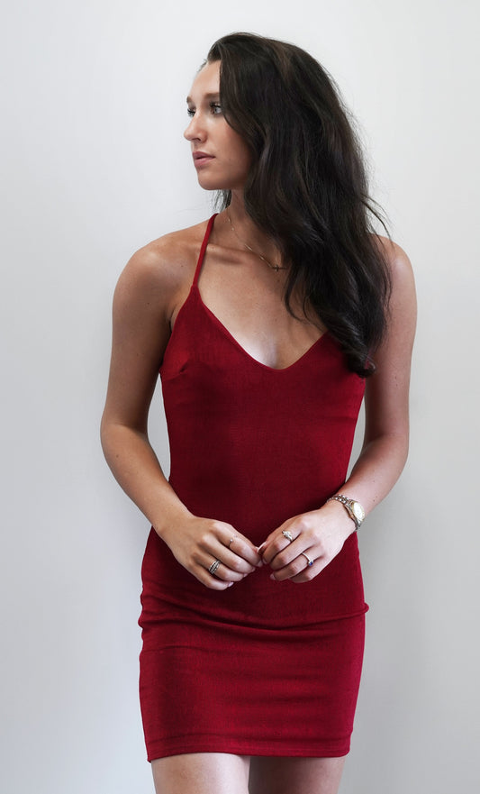 So Shimmery Mini Dress V-Neckline Strapless Adjustable Spaghetti Straps Criss Cross Straps in the Back Red Shimmery Color Fitted Above the Knee Length 95% Polyester, 5% Spandex