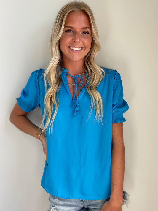 Leona Satin Smocked Shoulder Ruffle Top