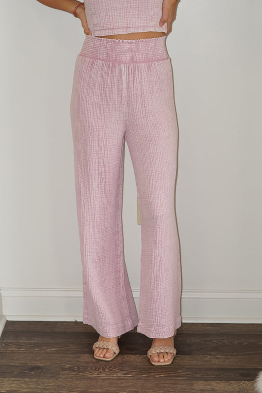Cassidy Gauze Full Length Pant Smocked Waistline Full Length Mauve Color Loose Fit Gauze Material