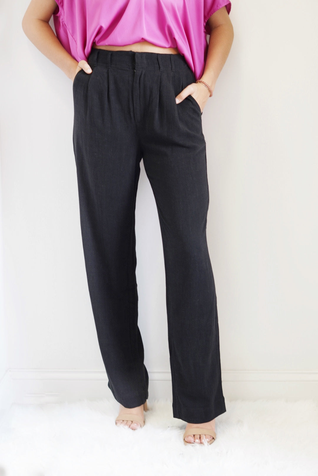 Farah Trouser Pant Full Ankle Length Relaxed Fit Belt Loops Colors: Black, Sand  Machine wash, turn inside out, gentle cycle, wash dark color separately, do not bleach, hang to dry, warm iron if needed Rayon Linen: 86% Rayon 14% Linen  Model is wearing a size small