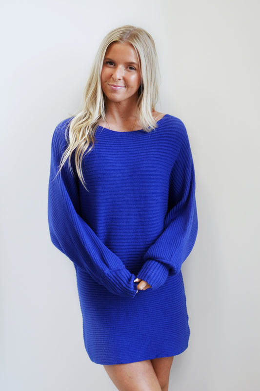 Daphne Double Knit Sweater Tunic Round Raw Hem Neckline Long Cuffed Bat Sleeves Royal Blue Color Mid Thigh Length Fitted 85% Acrylic, 15% Polyester