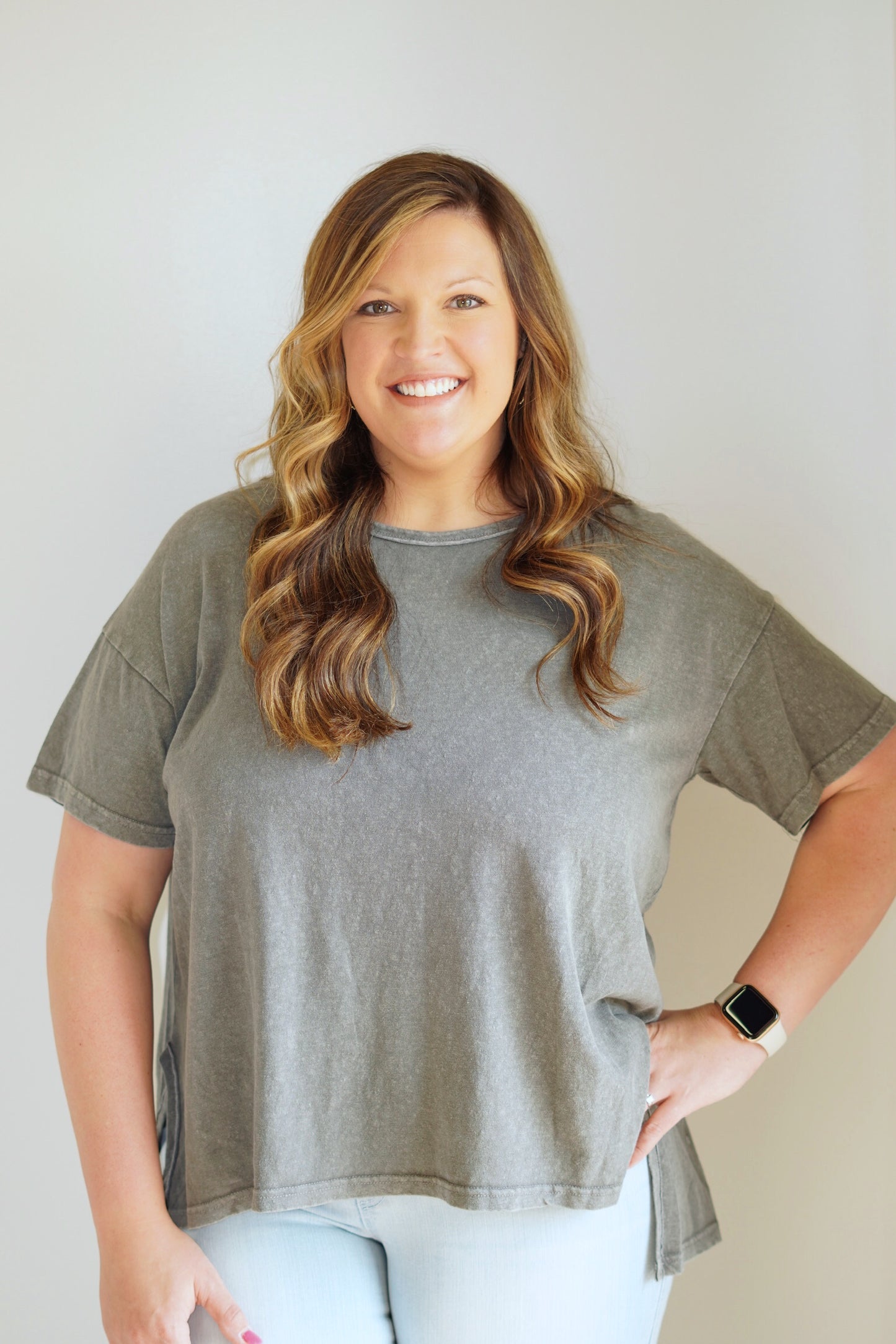 Lush Smoky Washed Top Crew Neckline Short Sleeve Longer Length in the Back Washed Grey Loose Fit 100% Cotton Care: Hand wash cold, hang to dry, do not bleach Model is wearing size 1XL