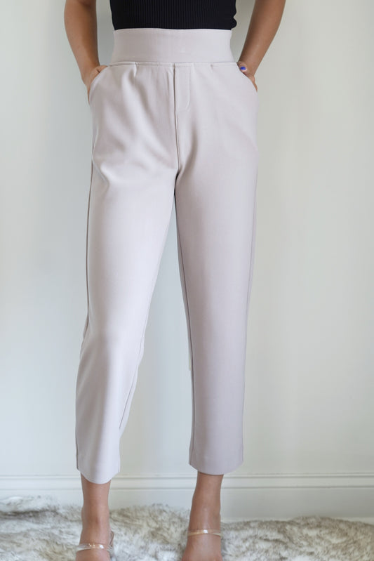 Serenity Sleek Dress Pant Thick Elastic Waistband Ankle Length Fitted Taupe Side Pockets 97% Polyester, 3% Spandex