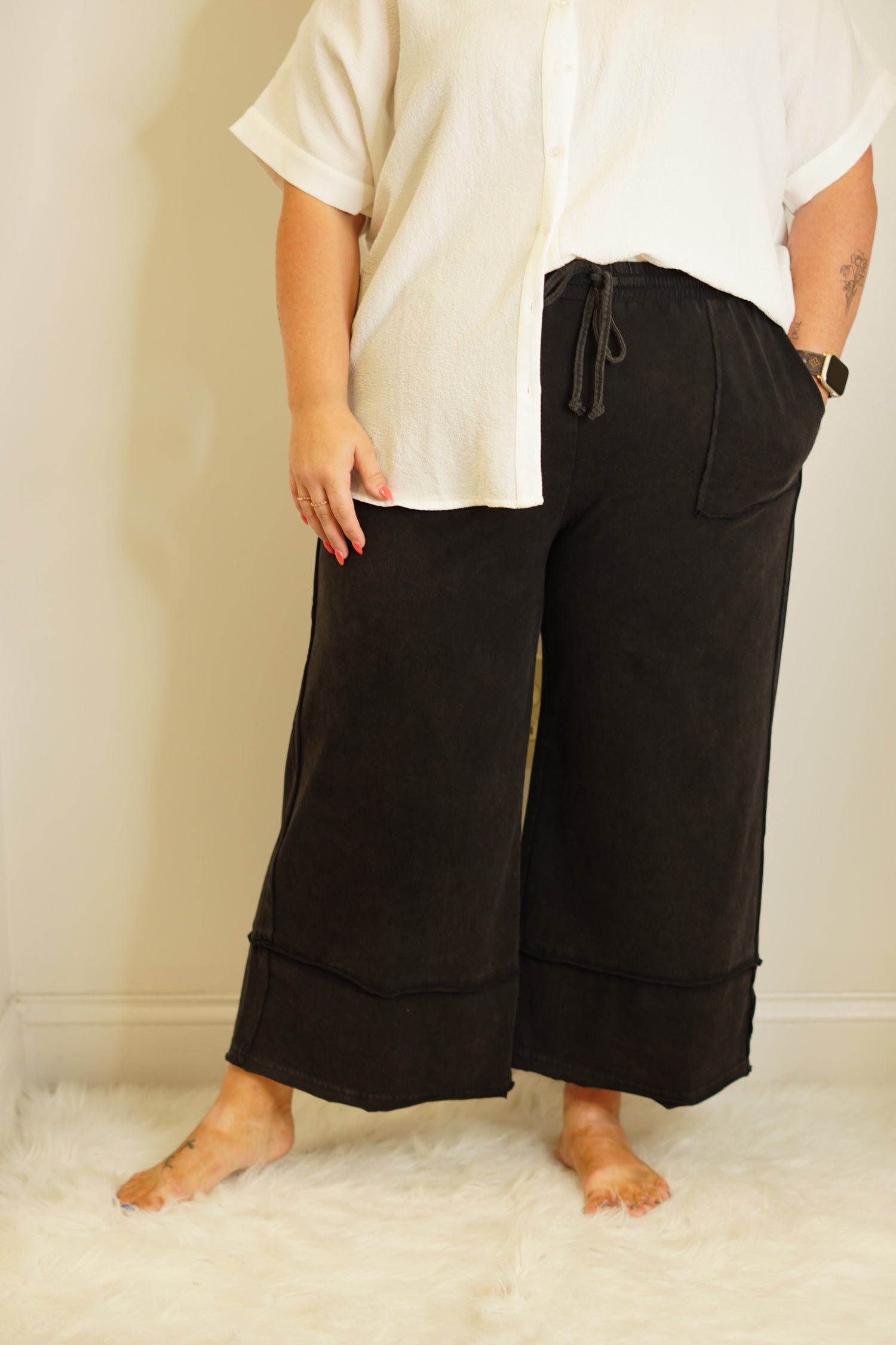 Darla Lush Capri Pants Wide Leg Back Washed  100% Cotton Hand Wash Cold, Do Not Bleach, Low Iron If Needed