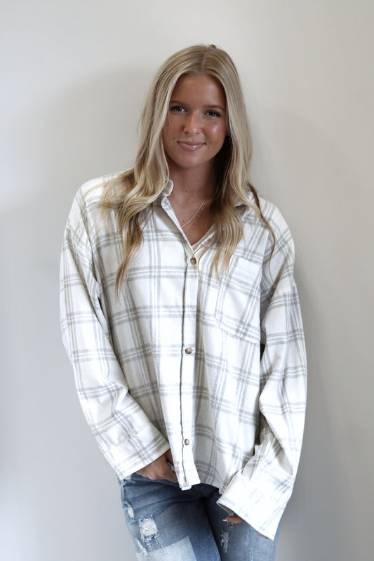 Penelope Plaid Flannel Collar Neckline Button Down Long Sleeve Color: Ivory Combo Full Length Relaxed Fit 100% Cotton