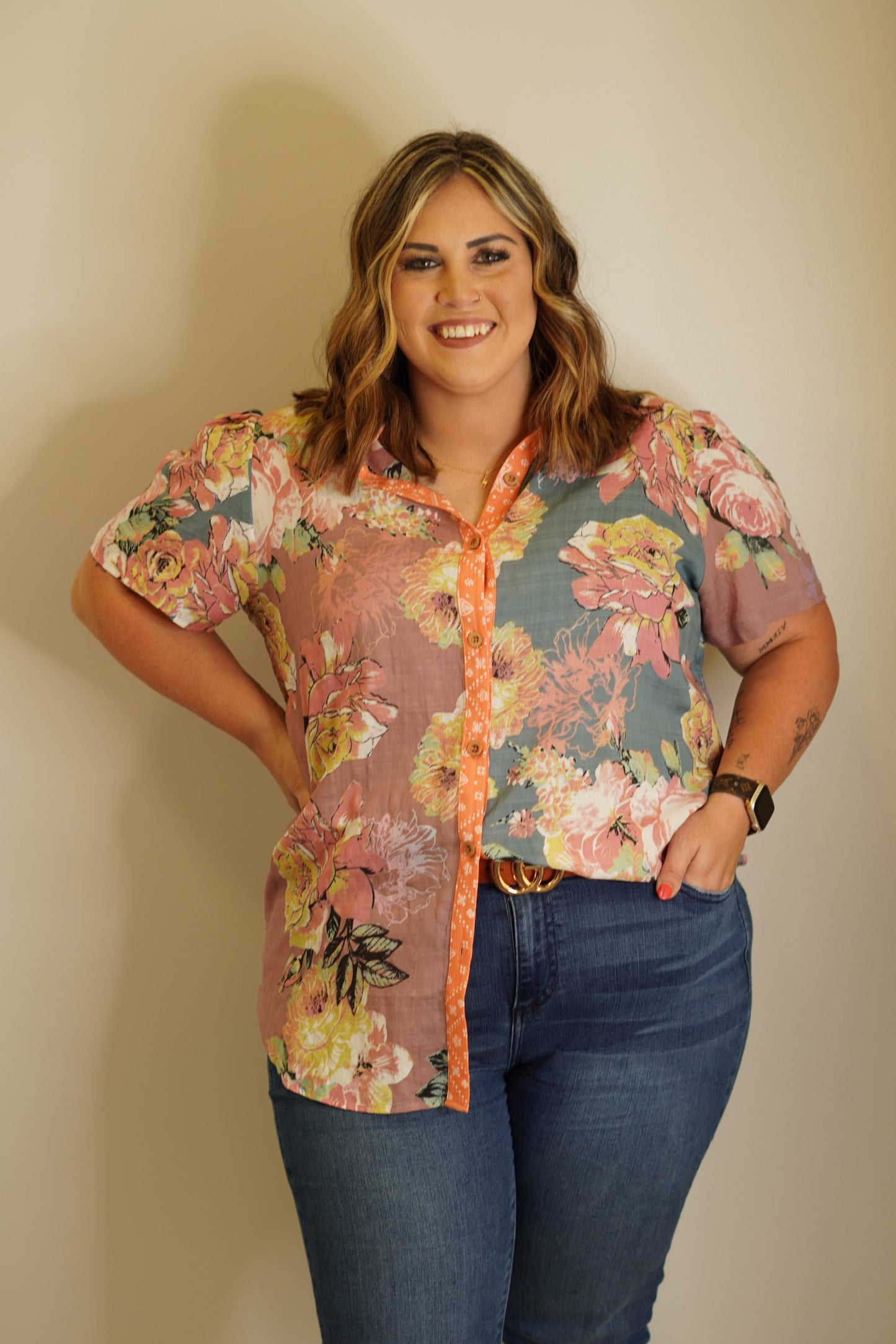 Dani Lush Floral Top Mixed Floral  Down Short Sleeve Surf Shirt Top 60% Cotton, 40% Rayon