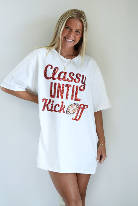 Classy Until Kick Off Oversized Tee Crew Neckline Short Sleeves Red Sequin Lettering  Football Image  White Shirt Oversized Fit 100% Cotton