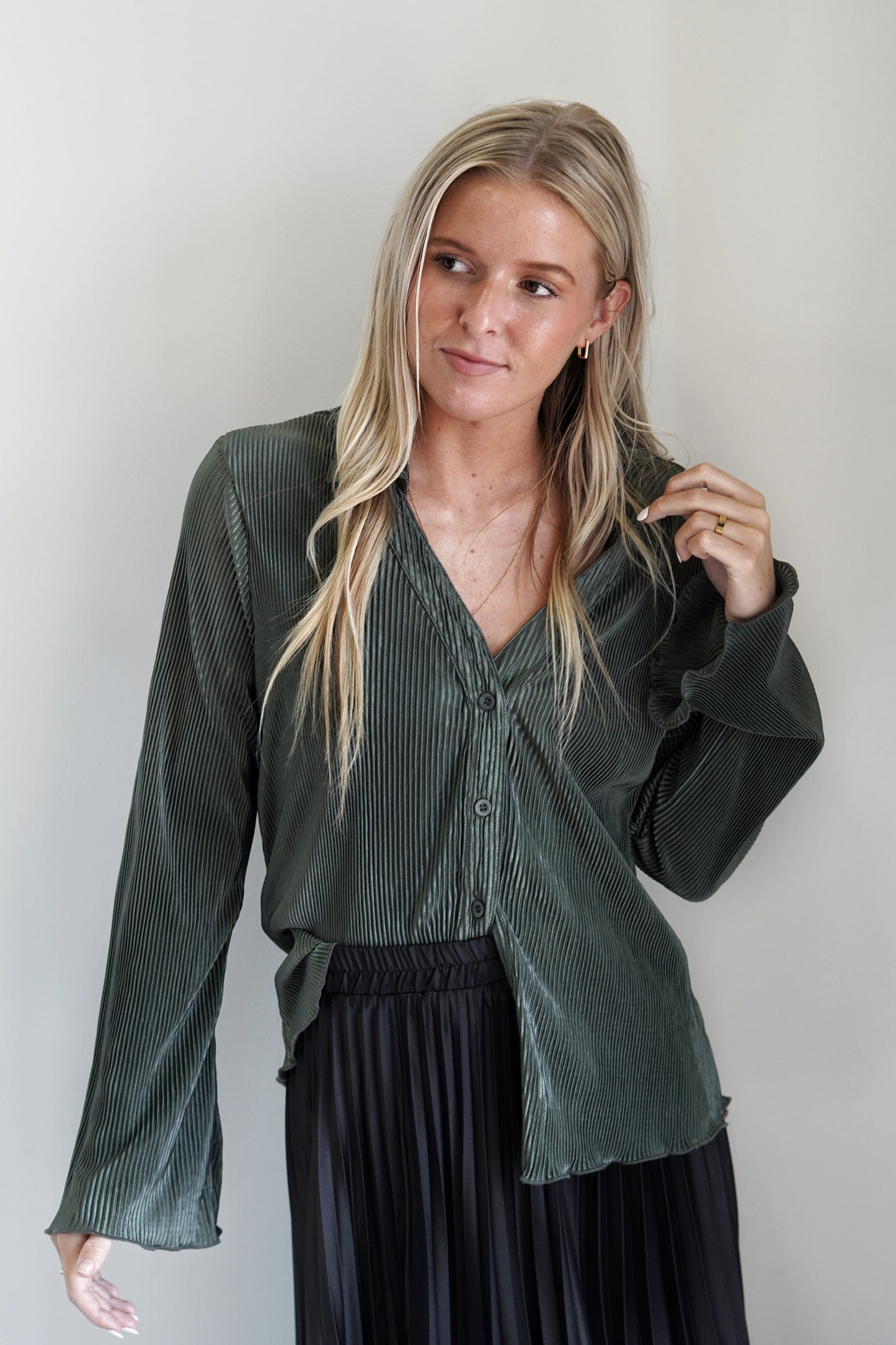 Paula Plisse Lettuce Hem Blouse Collared Neckline Button Up Sleek Olive Color Skimmer Length Relaxed Fit Long Sleeves Lettuce Hem Detail