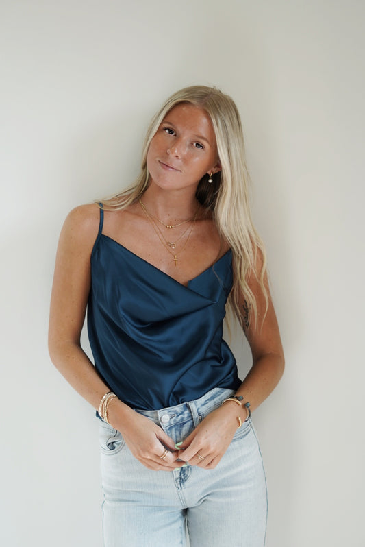 Angel Adjustable Satin Strap Top Cowl Neckline Sleeveless/ Adjustable Spaghetti Straps Satin Material White/Teal/Black Full Length Top 92% Polyester/8%Spandex Hand Wash Cold Water, Do Not Bleach, Line Dry Model is wearing size small