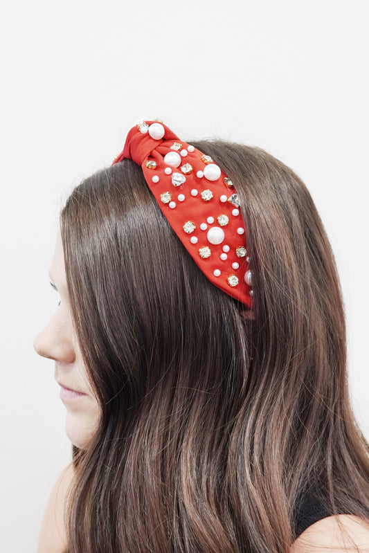 Paris Pearl and Jewel Studded Headband Cherry Red Color Pearl and Jewel Studded Detail