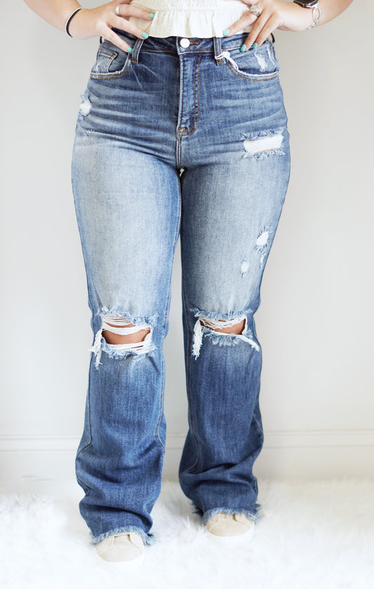 Holly High-Rise Straight Jeans High Rise Straight Leg Holes at Knees Color: Deep Blue Denim  Full Length 93% Cotton, 5% Polyester, 2% Spandex