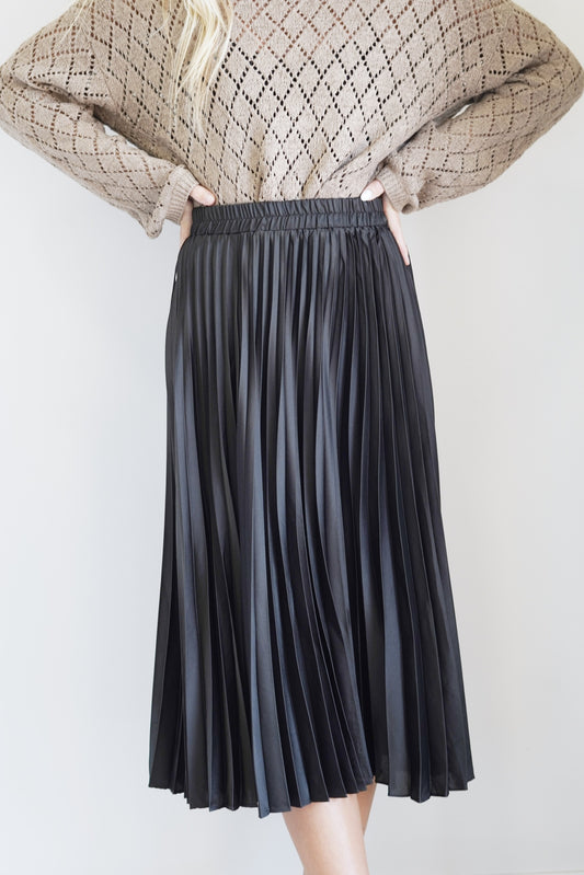 Mama Pleated Satin Midi Skirt Elastic Smocked Waistband Black Satin Color Pleated Material Midi Length Flowy Fit 97% Polyester, 3% Spandex