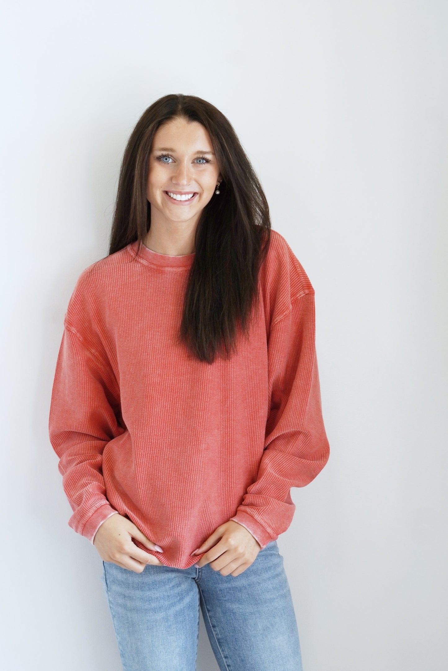 Calla Corded Crew Everyday Sweatshirt Crew Neckline Long Sleeve Corded Material Colors: Red Full Length Relaxed Fit 100% Cotton