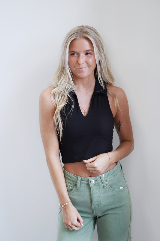 Taylor Collared Cropped Sports Tank Collared V-Neckline Sleeveless Razor Back Black Color Cropped Length Butter Soft Material Built In Bra Pads 84% Poly Microfiber, 16% Spandex