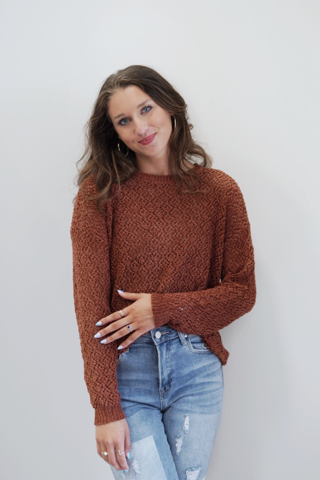 Camille Cable Knit Chenille Sweater Round Neckline Long Cuffed Sleeve Knit Chenille Pattern  Marsala Color Relaxed Fit 100% Polyester Care: Hand Wash Cold, Do Not Bleach, Hang to Dry