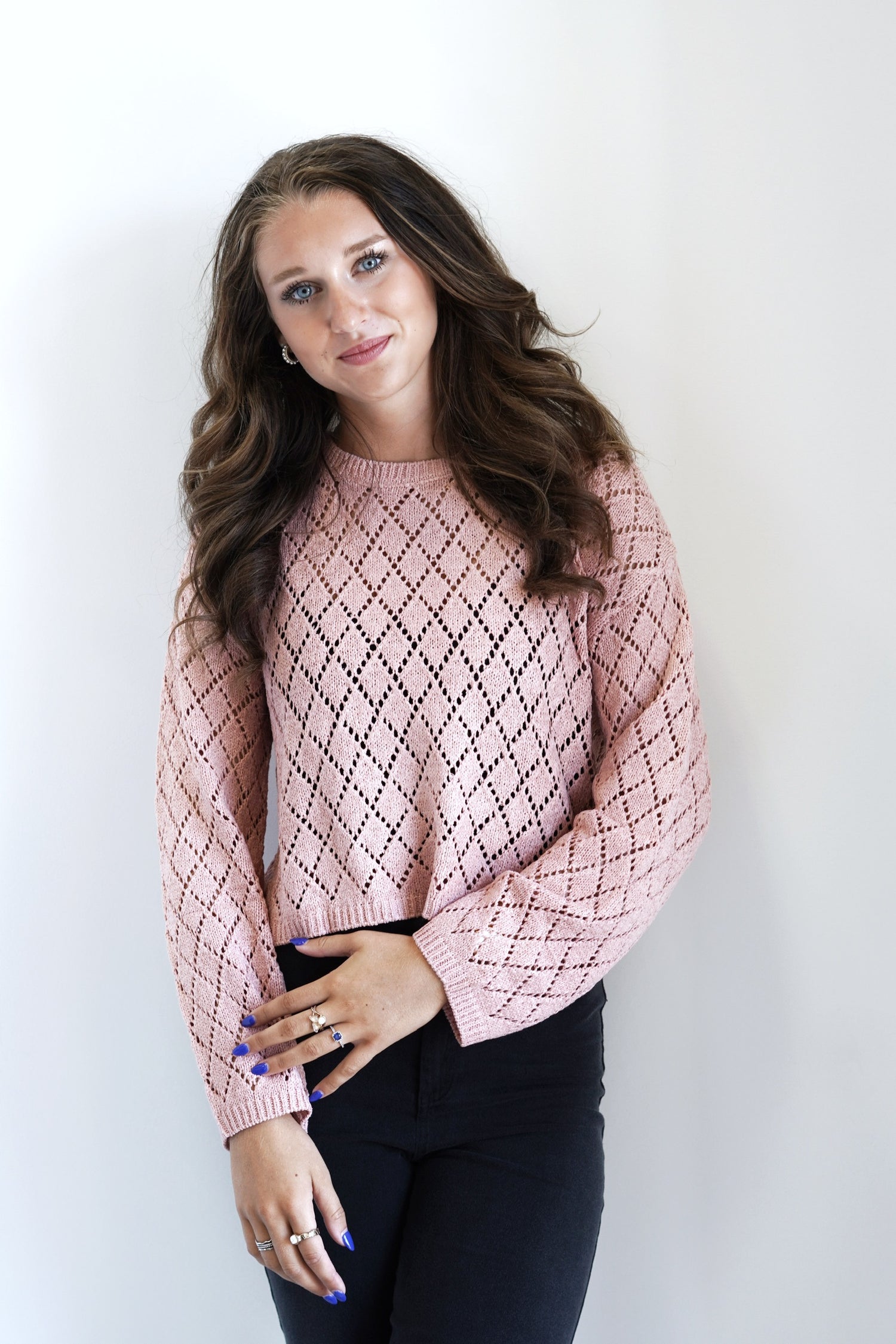 Makenna Knit Sweater Crew Neckline Long Sleeve Pink Color Skimmer Length Knit Pattern Fabric Content: 54% Acrylic 46% Recycled Nylon