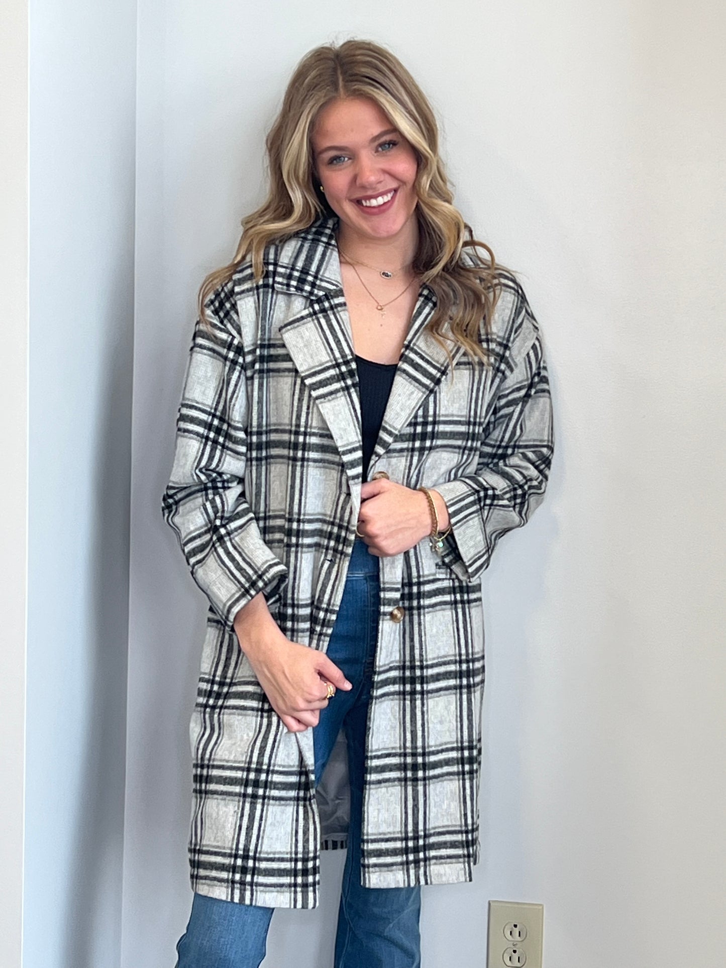 Polly Plaid Button Down Coat with Pockets
