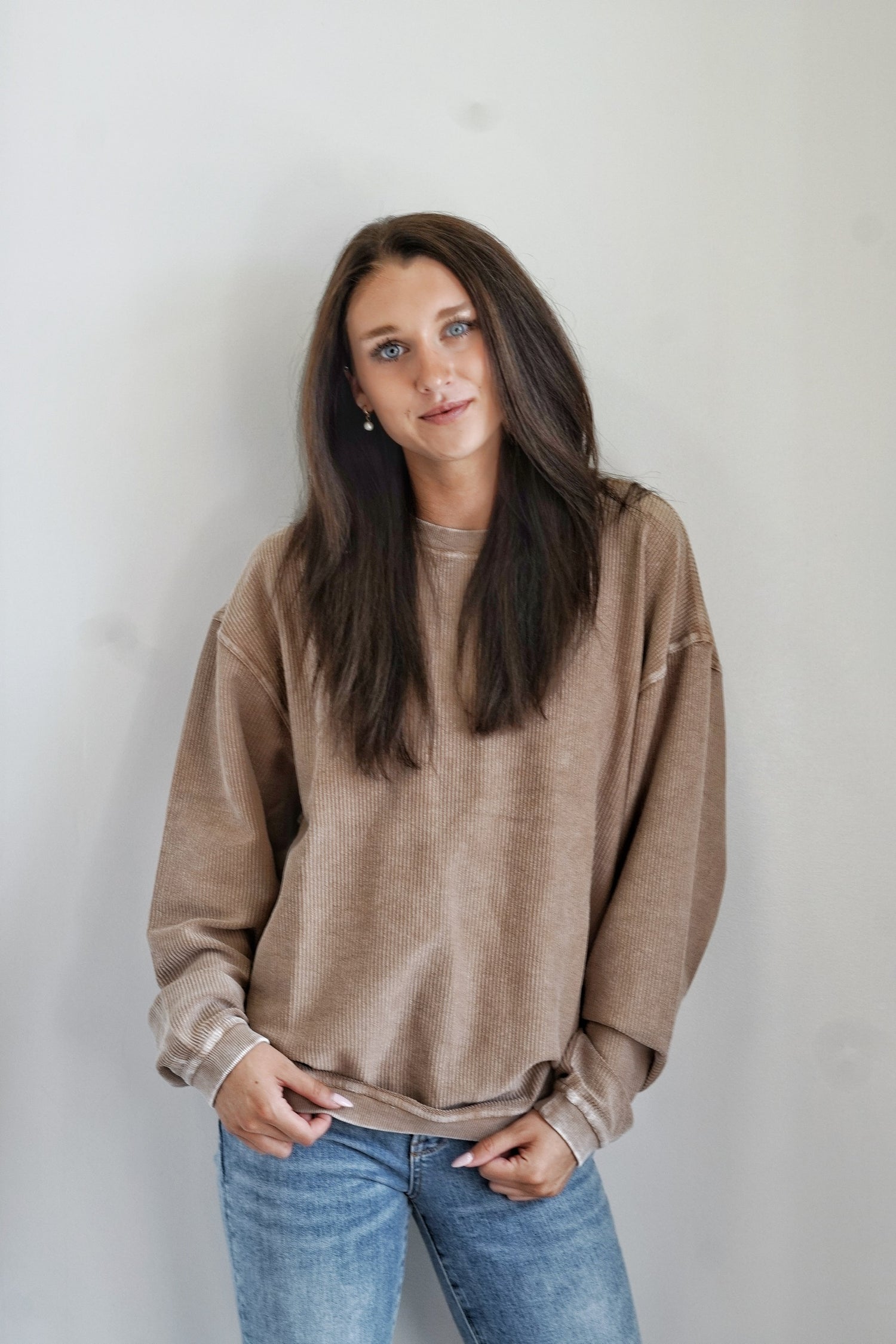Calla Corded Crew Everyday Sweatshirt Crew Neckline Long Sleeve Corded Material Colors:  Mocha Full Length Relaxed Fit 100% Cotton