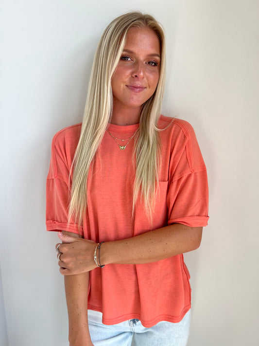 Nora Solid Raw Hem Stitching Pocket Tee