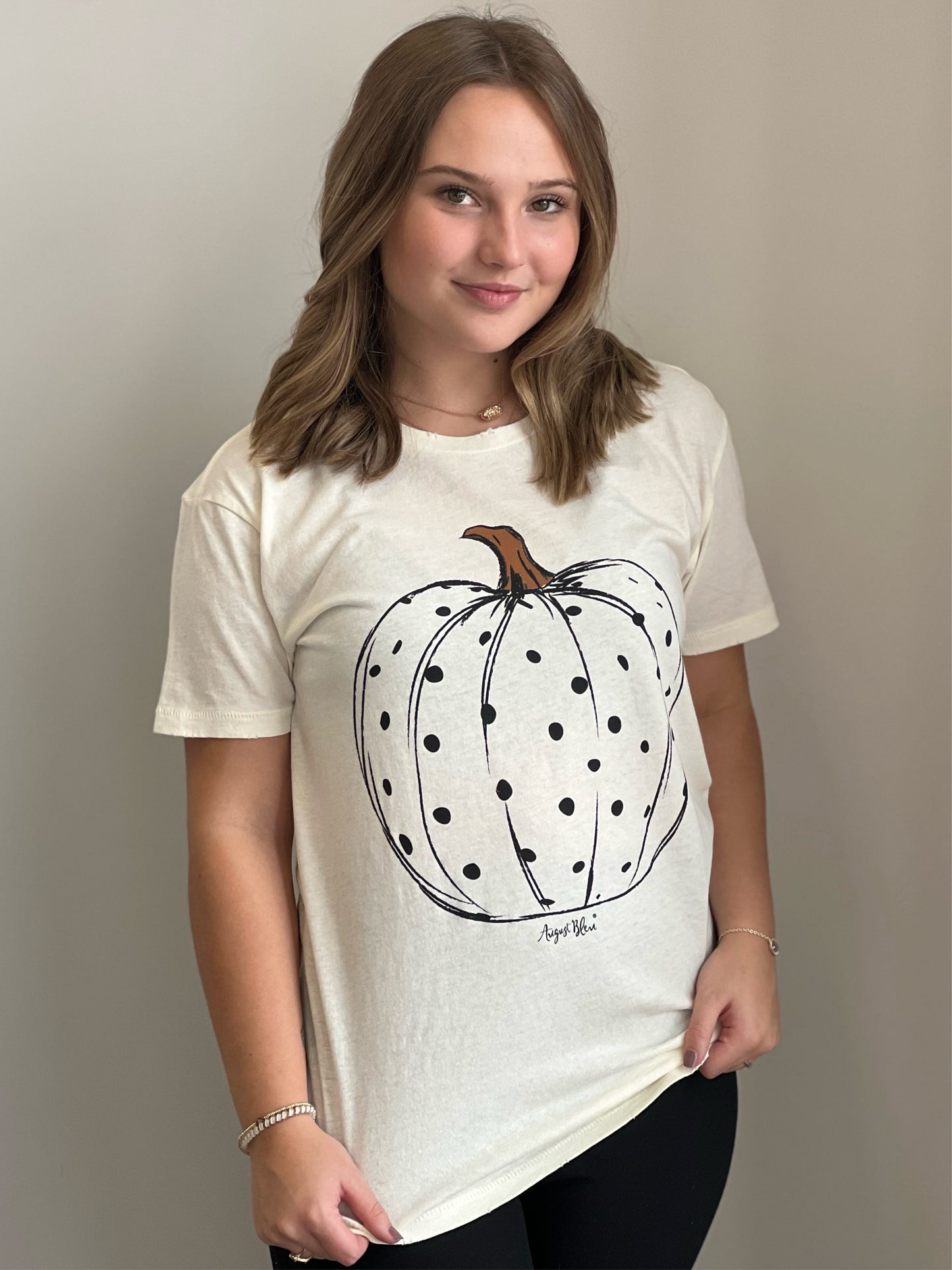 Stella Polka Dot Pumpkin Distressed T-Shirt
