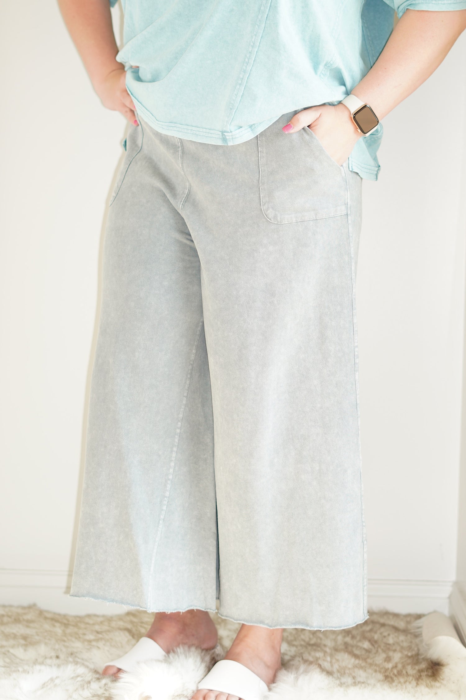 Lush Willow Wide Leg Pant Drawstring Waistline Wide Leg Raw Hem  Washed Grey Side Pockets 100% Cotton Care: Hand Wash Cold, Hang To Dry