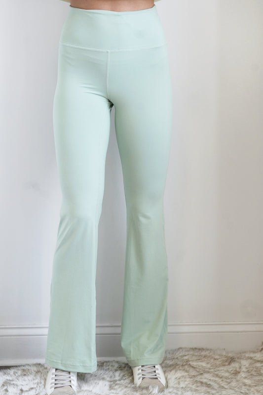 Mint to Be Flare Leggings High Waisted Waist Band Butter Yoga Fabric Full Length Legs Flare Bottom Color: Mint Fitted 84% Polyester, 16% Spandex
