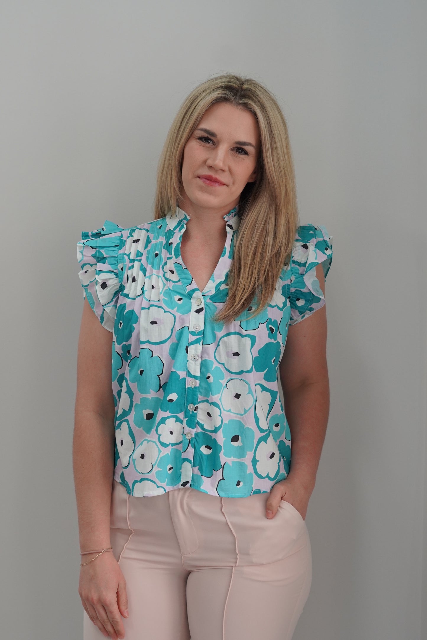 Kim Button Down Flowered Tank V-Neck  Button Down 100% Cotton Hand Wash Cold, Color Will Bleed, Do Not Dry Clean, No Bleach, Tumble Dry Low