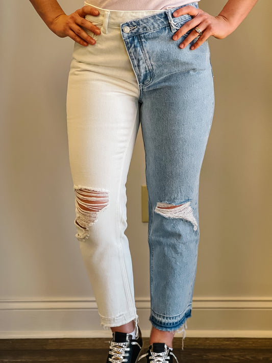 Livy Two Toned Criss Crossed Waist Jeans