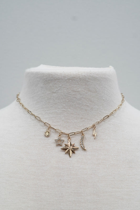 Crystal Star and Moon Chain Link Charm Necklace  Gold Colored Sun, Star, and Moon Charms Lobster Clasp
