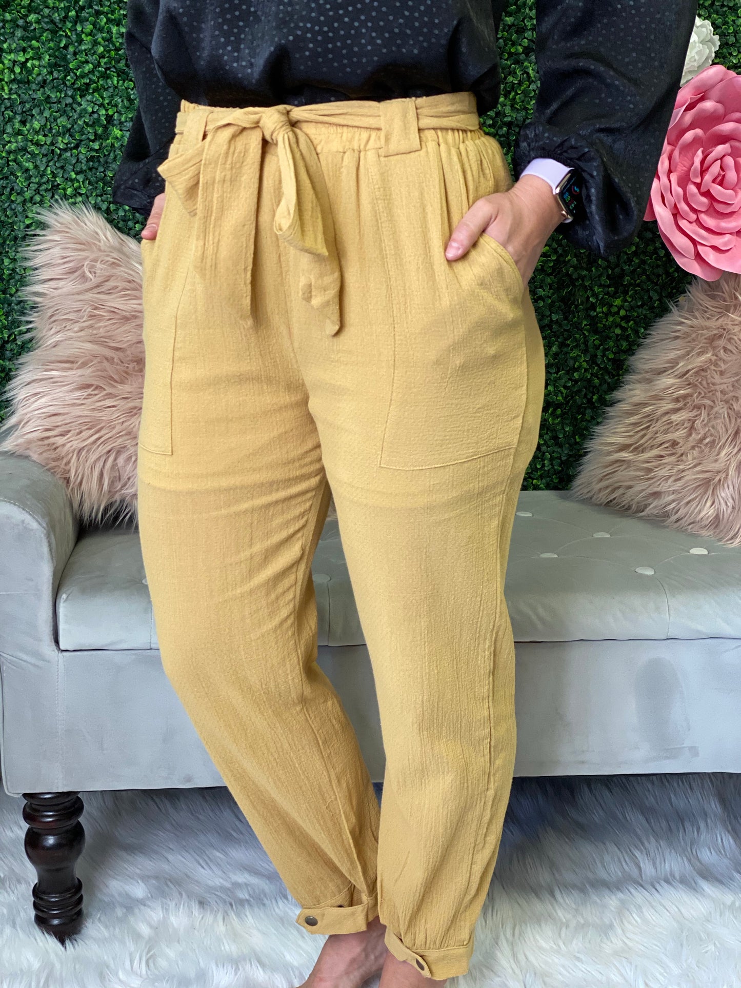 Tully Mustard Textured Paperbag Pants