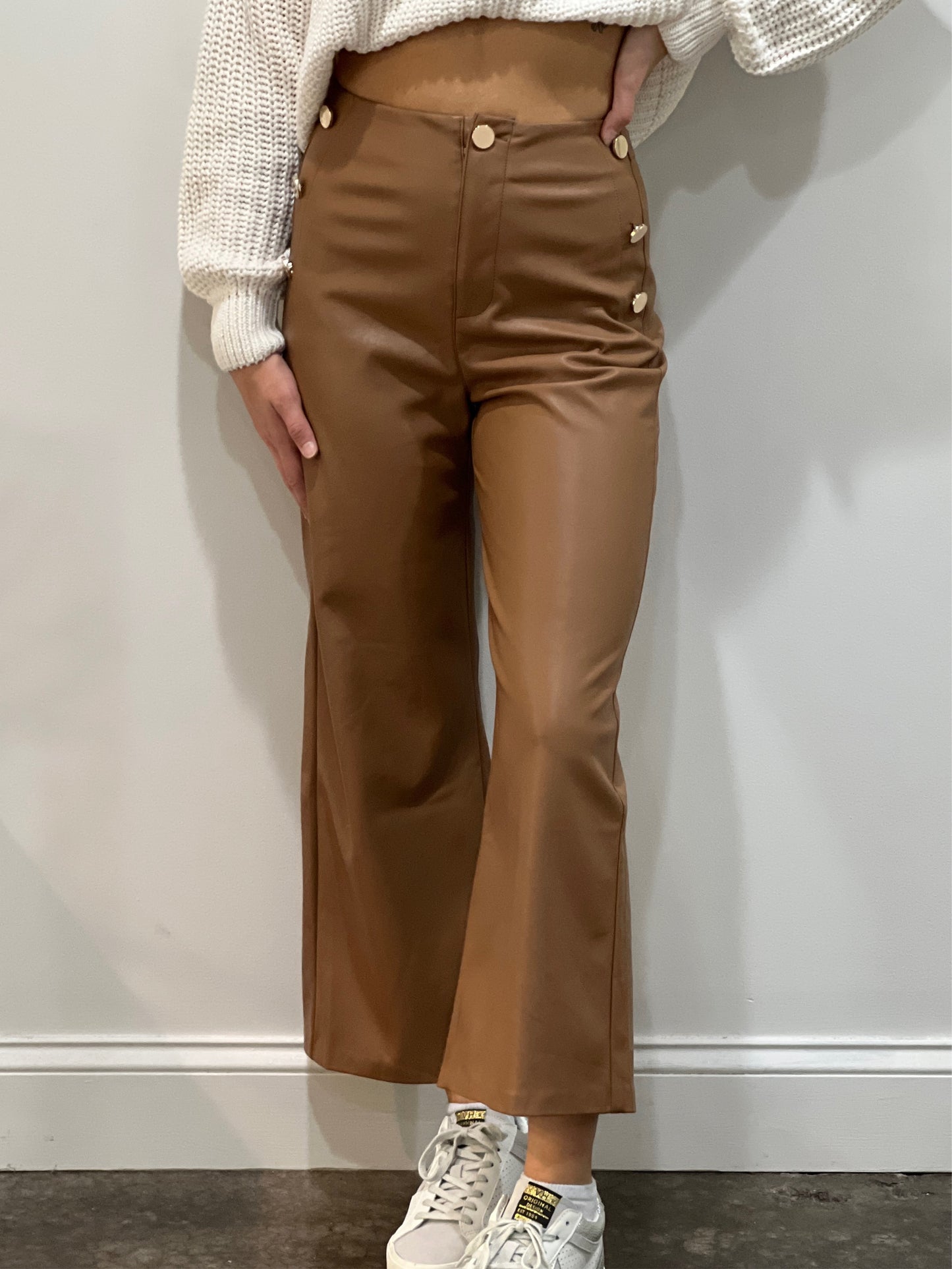 Katie Button Detail Leather Pants