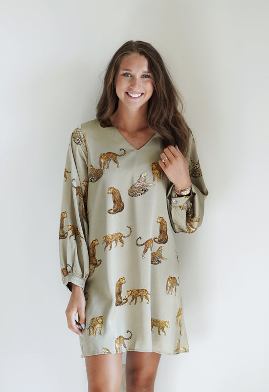 Chelsea Playful Cheetahs Dress V-Neckline Long Cuffed Sleeves Cheetahs Pictured on Dress Sleek Sage Color w/ Cheetahs  Knee Length 100% Polyester