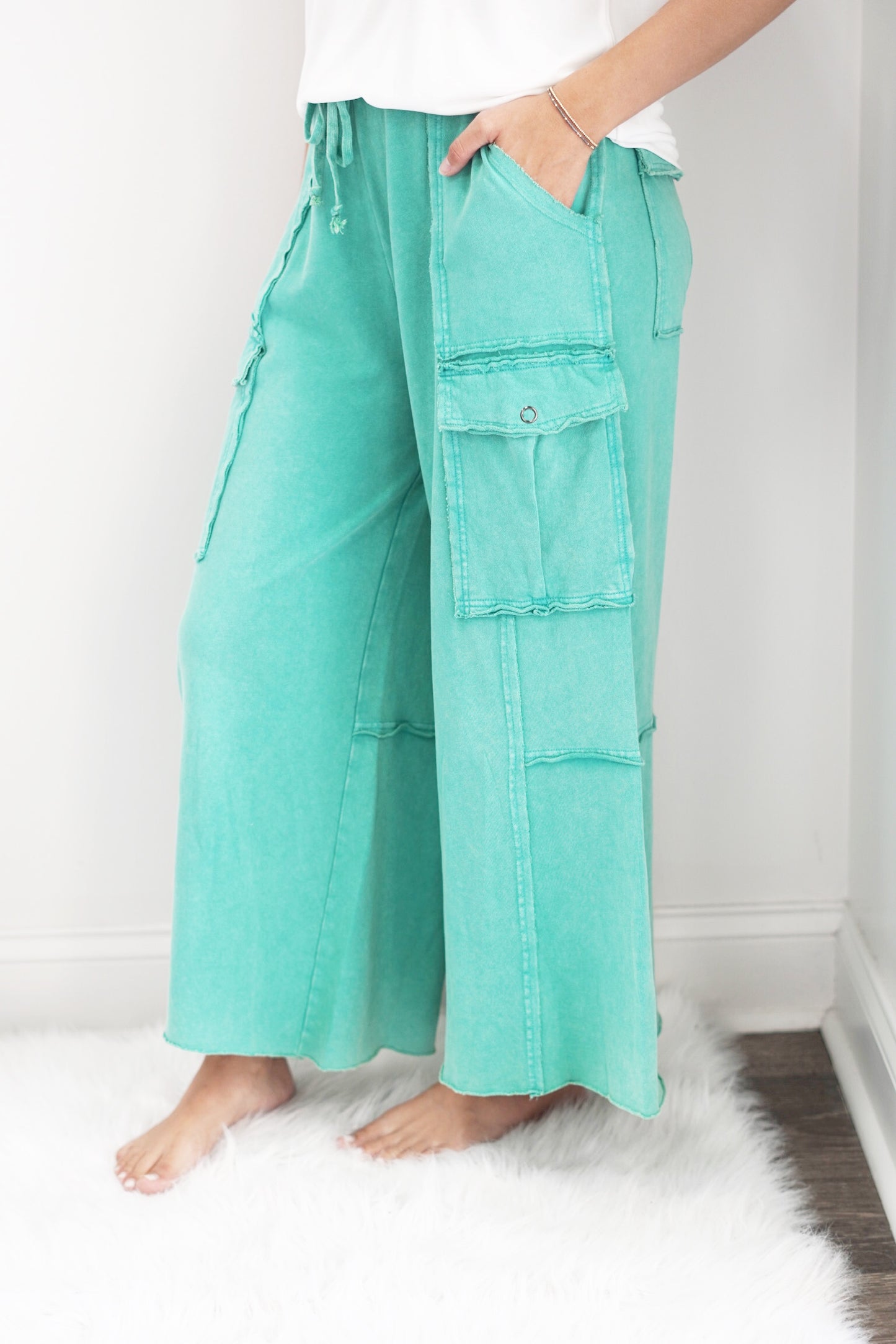 Audrey Mineral Washed Wide Leg Pants Waistband tie Cropped Leg 2 front and 2 back button pockets Atlantis Green 100% Cotton Hand Wash Cold, No Bleach, Hang to Dry Model is wearing a size small