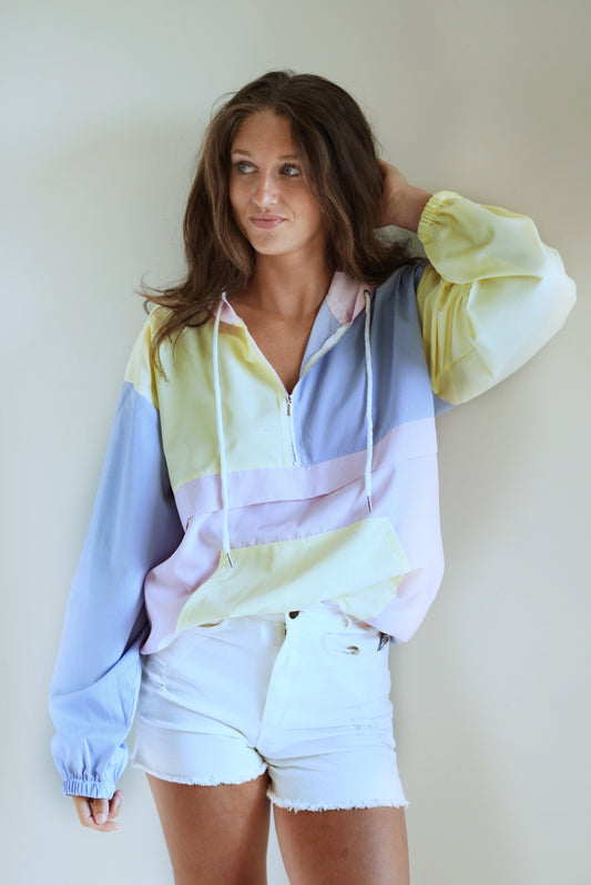 Posie Preppy Color Block Zip Up Hoodie  Half Zip Up Strip Long Sleeves Drawstring Hood Pastel Color Block Detail Full Length Wind Breaker 100% Polyester Hand Wash Cold, Do Not Bleach, Hang Dry Model is wearing size small