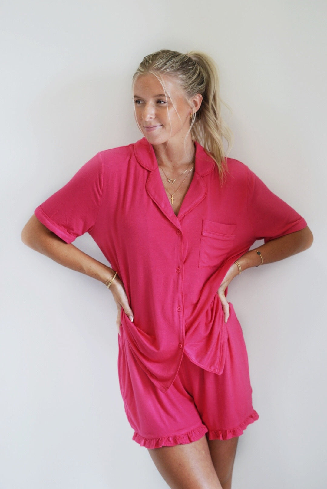 Serena Hot Pink Sleep Set Collared Neckline Button Down Top Elastic Waistband Shorts 95% Polyester, 5% Spandex Care: Hand Wash Cold, Hang Dry Model is wearing a size small