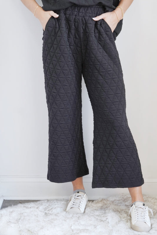 Cozy and Quilted Cropped Pants Elastic Waistband Wide Leg Side Pockets Cropped Leg Length Relaxed Fit Colors: , Black, 98% Polyester, 2% Spandex