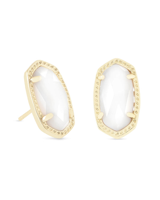 Gold stud earrings with white pendants and a gold outline on the pendant